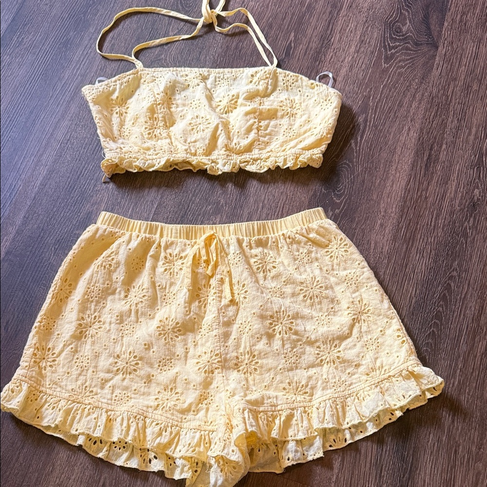 SHEIN Pale Yellow Eyelet Crop Top & Shorts Set